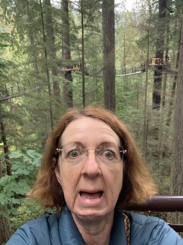 Louise is on a platform high up in the tree tops. The forest of tall trees is in the background. In the foreground is a close up of Louise's face - she's wide eyed and open mouthed showing she's comedy terrified. 